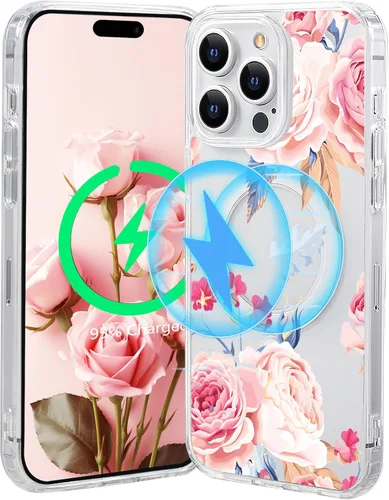 Vista 45 de Funda magnética de flores para iPhone 15 [compatible con MagSafe] Bonito patrón floral transparente a prueba de golpes