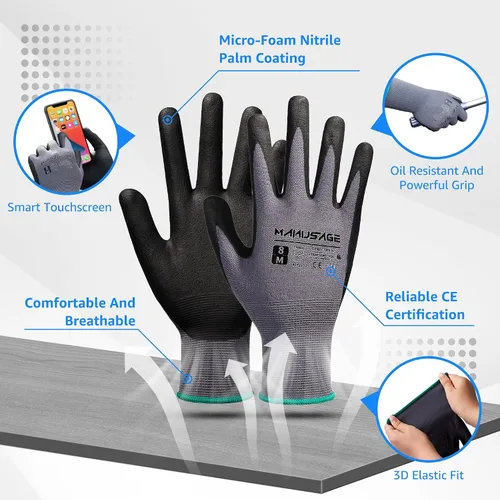 Vista 2 de MANUSAGE Guantes de trabajo de seguridad para hombres y mujeres, guantes de trabajo de nitrilo de microespuma, grandes, guantes de trabajo delgados