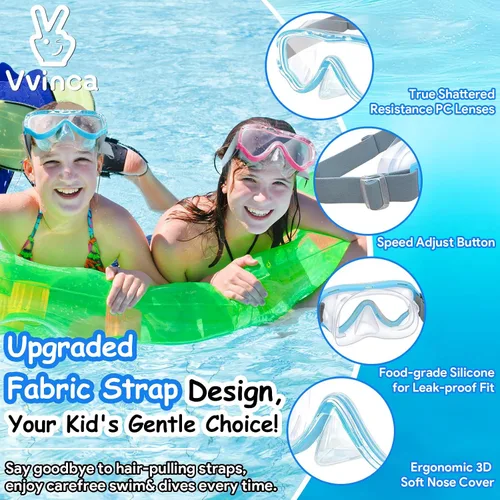 Vista 2 de Vvinca Kids-Goggles with Nose Cover, Diving Mask Elastic Fabric Strap Anti Fog Anti Shattered Lens for Kids Swim Goggles 3-14