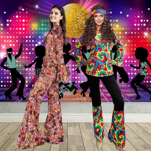 Vista 2 de 6 piezas de disfraces hippie de los años 70 para mujer, disfraz de discoteca, disfraz de fiesta de los años 60, aretes de los años 70, collar