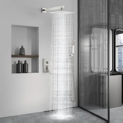 Vista 2 de Aolemi Sistema de ducha tipo lluvia de 12 pulgadas, cabezal de ducha cepillado Nikcel Combo Set con ducha de mano válvula de montaje en pared grifo
