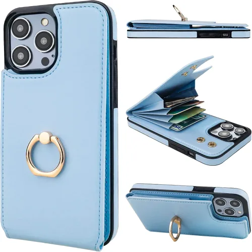 Vista 11 de Folosu Funda tipo billetera compatible con iPhone 14 con soporte para tarjetas, soporte de anillo para dedo con rotación de 360° y función atril