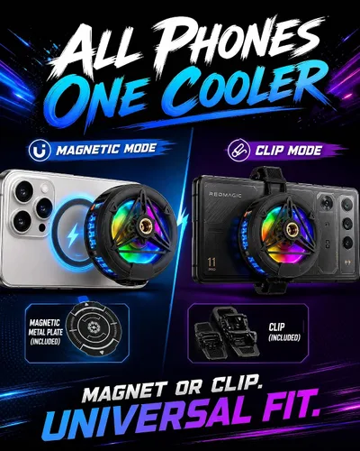 Vista 5 de Phone Cooler, Low Noise Cooling Fan for Phone Phone Cooler for Gaming USB Semiconductor Cooling Fan RGB Light, Magnetic Ring & Clip Cellphone black