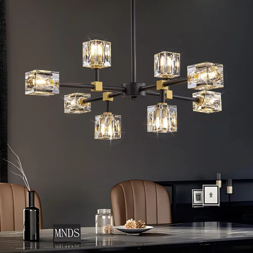 Vista 10 de Candelabro de Cristal Negro, Lámparas de Araña Sputnik con 12 Luces, Lámpara de Techo Moderna Ajustable en Altura Semiempotrada para Comedor, Isla