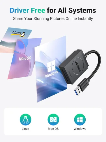 Vista 7 de UGREEN Lector de tarjetas SD USB 3.0 Dual Slot Flash Memory Card Reader TF SD Micro SD for Mac Windows Linux Chrome Read 2 Cards Simultaneously
