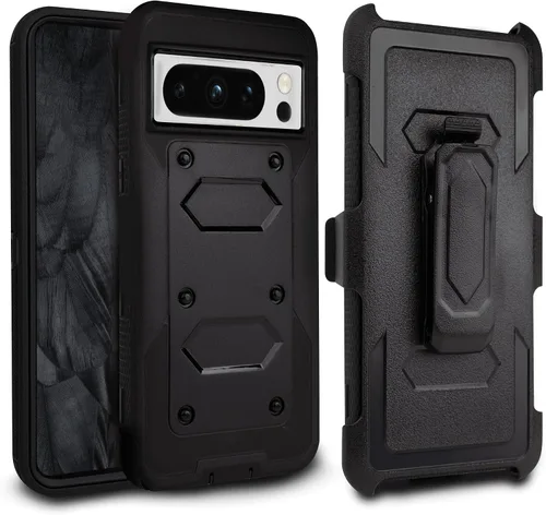 Vista 10 de Funda para Google Pixel 8 Pro, resistente y duradera, con protección de puerto, incluye soporte de clip con protector de pantalla integrado (negro)