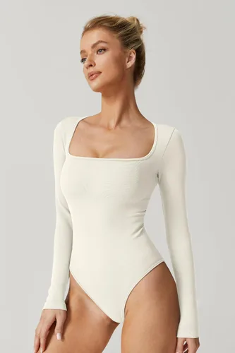 Vista 4 de Meyeeka Body sexy sin costuras para mujer con cuello cuadrado, manga larga
