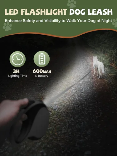 Vista 3 de Correa retráctil para perro con luz LED, correa recargable de 16 pies para perros pequeños y medianos de hasta 66 libras, 360° sin enredos, control