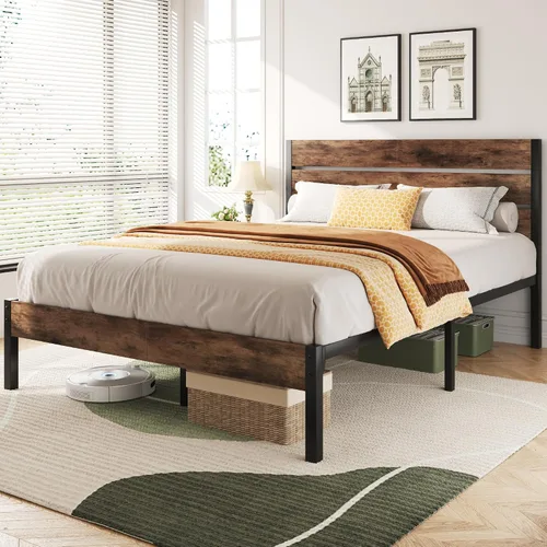 Vista 3 de Lifezone Base de cama Queen con cabecero y estribo, marco de cama de metal Queen con almacenamiento debajo de la cama, sistema de soporte de metal