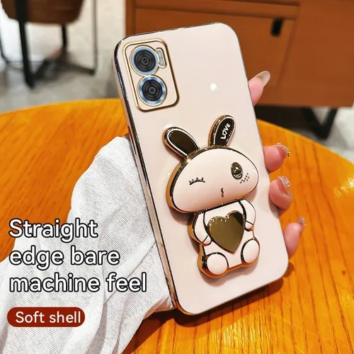 Vista 4 de Funda de silicona compatible con Motorola E22 con lindo soporte de conejo de dibujos animados para Motorola E22 Slim TPU galvanizado antihuellas 1
