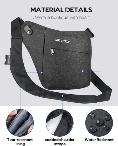 Vista 2 de WATERFLY Bolso bandolera bandolera con eslinga bolsa cruzada delgada antirrobo mochila sobre el hombro paquete lateral sigiloso para hombre y mujer