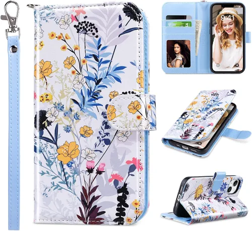 Vista 20 de ULAK Compatible con iPhone 13 Funda tipo cartera para mujer, funda tipo billetera de piel PU con tarjetero y función de caballete, funda protectora