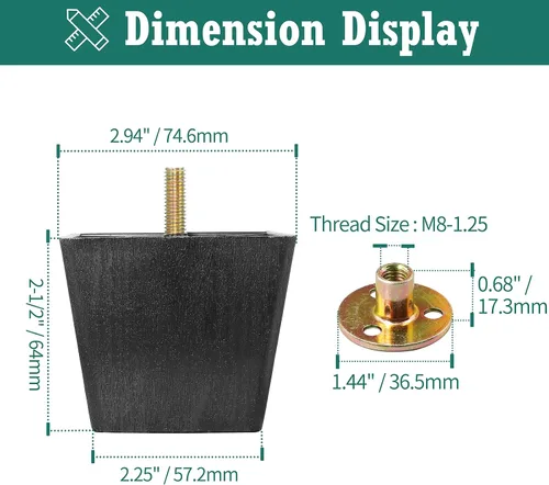 Vista 3 de 4pcs patas cuadradas de plástico 2-1/2" con tuercas de placa, rosca M8-1.25