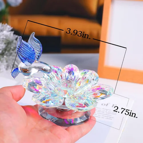 Vista 6 de Movdyka Figura de cristal, decoración de flor de loto, regalo de colibrí azul, para mujer, adornos de vidrio cristal brillante, reflejo de flor
