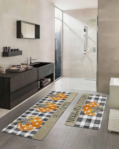 Vista 2 de Tapete de baño con diseño de calabaza a cuadros para bañera, antideslizante, de secado rápido y absorbente, con tierra de diatomeas, para fregadero