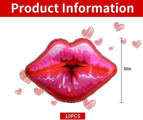 Vista 2 de Paquete de 10 globos grandes de labios rojos y rosados, globos de corazón para decoración de fiestas temáticas de maquillaje, aniversario, Kiss the