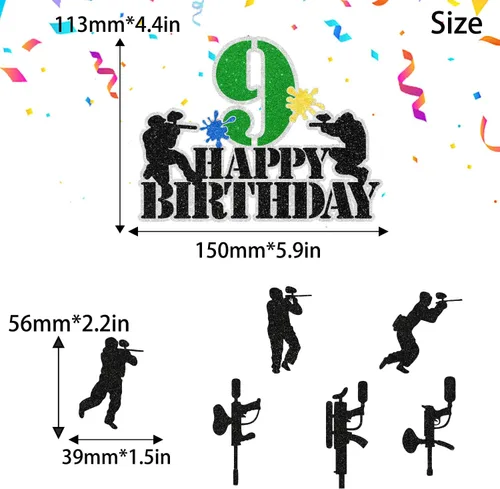 Vista 2 de Juego de 7 piezas de decoración para cupcakes de paintball para adolescentes de 9.º cumpleaños. Es la fiesta de cumpleaños perfecta con temática