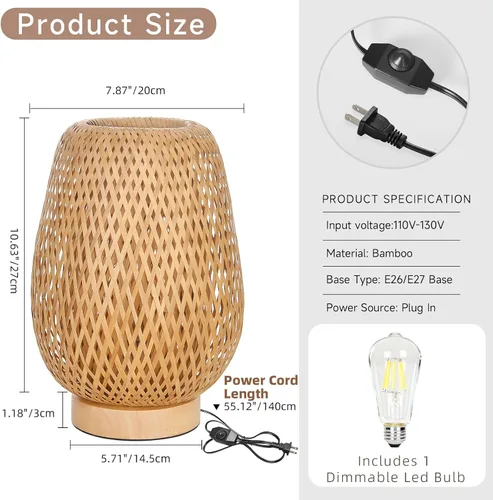 Vista 5 de Lámpara de mesa de ratán bohemia, regulable y pequeña al lado de la lámpara, mesita de noche de madera de mimbre natural, estilo bohemio, de bambú