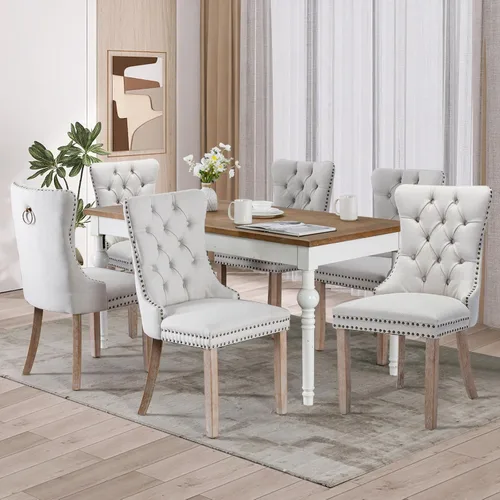 Vista 114 de Juego de 2 sillas de comedor de terciopelo con patas de madera, color beige Mid Century Modern Dining Chairs,Upholstered Chairs with Nailhead