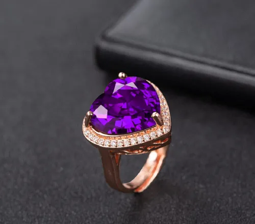 Vista 4 de Anillo de amatista morada con forma de corazón enorme para mujer, con diamantes de imitación, compromiso de boda, compromiso, anillo de apertura