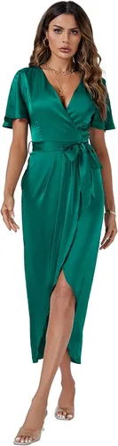 Vista 6 de LYANER Vestido de satén cruzado con cuello en V para mujer, manga corta, fruncido, con lazo en la cintura, dobladillo dividido, vestido midi