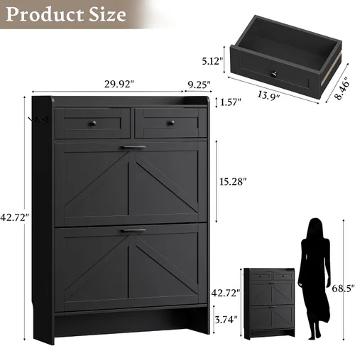 Vista 2 de BORNOON Gabinete de Almacenamiento de Zapatos para Entrada, Gabinete Estrecho de Zapatos Estilo Granja con 2 Cajones Abatibles y Cajones Superiores