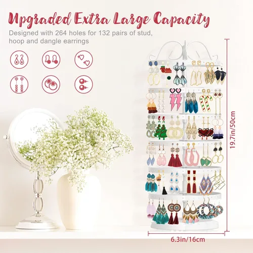 Vista 2 de iDavosic.ly Organizador giratorio de metal de 6 niveles, 264 agujeros, organizador de árbol ajustable para mujeres y niñas (blanco)