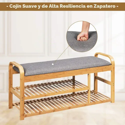Vista 6 de GIANTEX - Banco de zapatos de bambú, banco de entrada de 3 niveles con cojín, carga máxima de 330 libras, moderno estante de almacenamiento