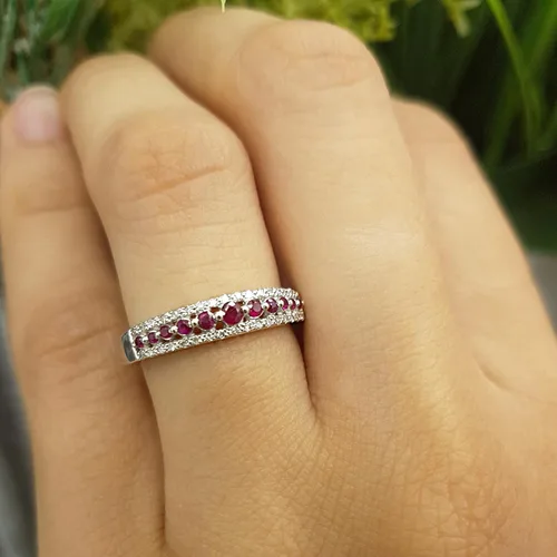 Vista 3 de Dazzlingrock Collection Round Gemstone or Diamond & White Diamond Triple Row Anniversary Ring for Women in Gold