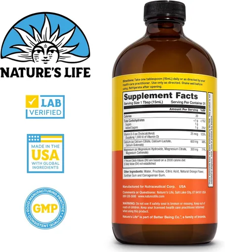 Vista 2 de NATURE'S LIFE Suplemento líquido de calcio y magnesio con vitamina D 3 – Salud ósea, músculo, salud cardíaca y apoyo inmunológico – Sabor a naranja
