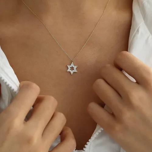 Vista 2 de Gelin Collar de estrella de David de oro macizo de 14 quilates para mujer, Oro, Circonia cúbica
