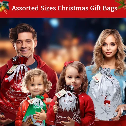 Vista 2 de Bolsas de regalo de Navidad con cordón, 20 bolsas de Navidad de varios tamaños para regalos, bolsas de plástico a granel, bolsas de regalo