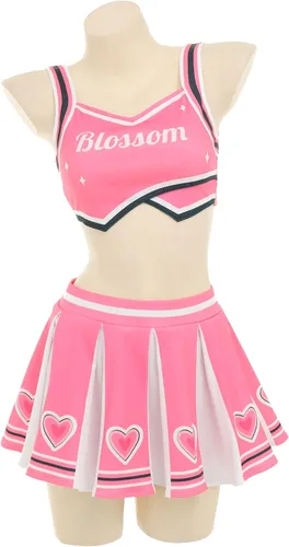 Vista 4 de miccostumes Disfraz de animadora para mujer con patrón de corazón y falda con pompones