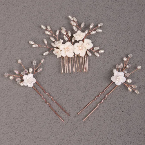 Vista 3 de Xerling Accesorios para el cabello con perlas florales para boda, horquillas para el cabello, peine para el cabello, hermosas joyas de cabeza