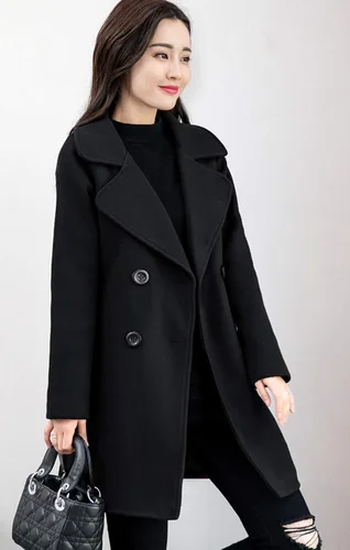 Vista 2 de chouyatou Elegante abrigo de mezcla de lana con cuello de solapa y cinturón para mujer
