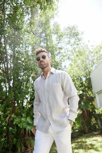 Vista 5 de Mojito Camisa Chacabana Guayabera 100% Lino Manga Larga - Pliegues Tonales