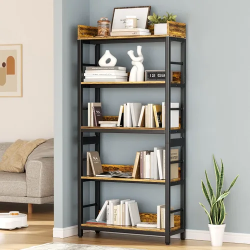 Vista 6 de Aquzee Librería, 66 "H 5-Tiers Heavy Duty Industrial Estantería de Madera y Metal, Rústica y Negro Unidades de Estante Alto para el Hogar, Oficina