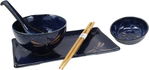 Vista 5 de Ebros Gift Juego de 10 platos japoneses de porcelana azul Tombo Dragonfly para sushi para 2 personas, pares de platos de sushi, cuencos de sopa