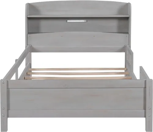 Vista 9 de Harper & Bright Designs Base de cama individual para niños con cabecera de almacenamiento y barandilla, marco de cama de plataforma individual