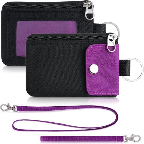 Vista 22 de Artpaxy Cartera minimalista para hombres y mujeres, llavero con bloqueo RFID, con cremallera, pequeña cartera con ventana de identificación, 2