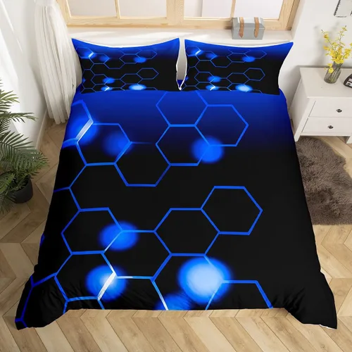 Vista 10 de Feelyou Juego de ropa de cama verde y negro tamaño individual para niños y adolescentes, juego de funda de edredón con temática hexagonal