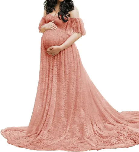 Vista 2 de Vestido de maternidad para mujer, con encaje, fotografía, vestido de embarazada, con volantes, largo, para sesión de fotos