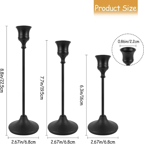 Vista 3 de Juego de 3 Portavelas Negros, Portavelas de Metal para Velas Cónicas, Candelabro Decorativo Clásico para Navidad, Bodas, Fiestas, Mesas de Cena