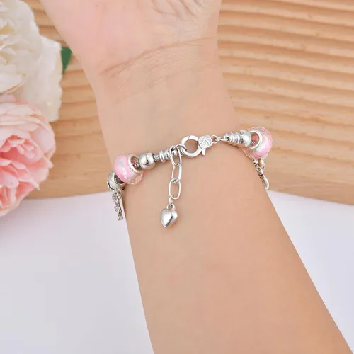 Vista 3 de Pulsera con dijes para mujer, regalos de Navidad, con cuentas de cristal y forma de corazón, plata de circonita cúbica, cadena de serpiente, pulsera