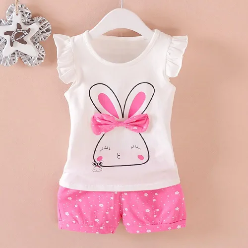 Vista 2 de MH-Lucky Conjunto de ropa para bebé niña de 2 piezas con camiseta + pantalones cortos