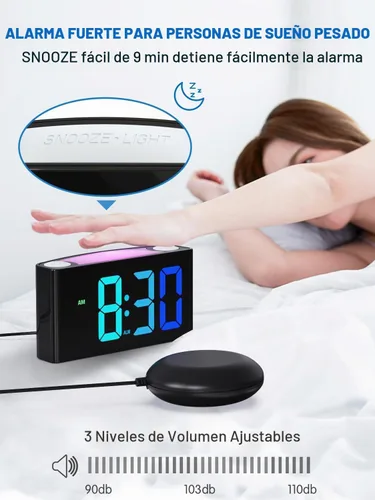 Vista 2 de Vibrating Alarm Clock for Heavy Sleepers with Bed Shaker, 3 Wake-Up Modes 110dB Loud Alarm for Hearing Impaired, 7.5-Inch RGB Display, 7 Color 8