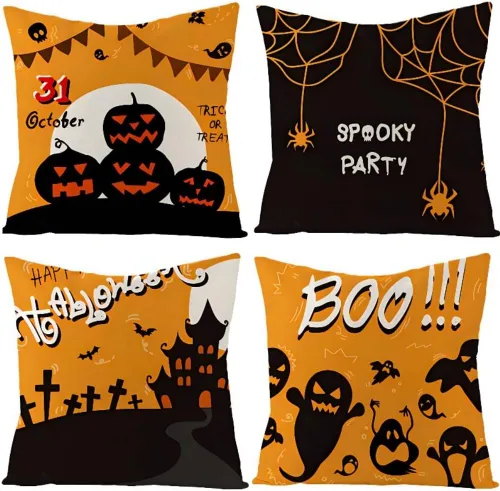 Vista 7 de MOJUN Juego de 4 fundas de almohada de Halloween de 18 x 18 pulgadas, fundas de almohada decorativas para sofá, sillón, casa rural, fiesta de Fundas