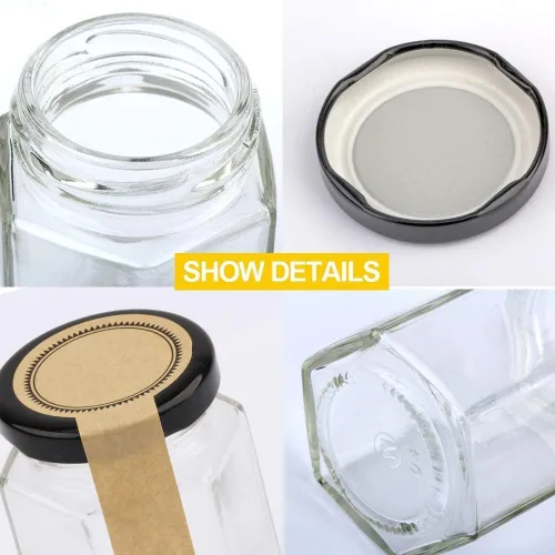 Vista 2 de Tarros hexagonales transparentes de 4 onzas, pequeños frascos de vidrio para miel con tapas (negras), tarros Mason para hierbas, alimentos