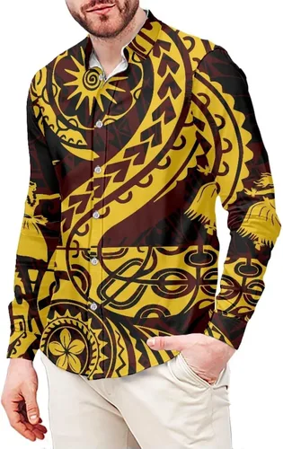 Vista 17 de Camisa polinesia con botones para hombre, Aloha Samoan, patrón tradicional, manga larga, camisa hawaiana para hombre, talla grande, casual