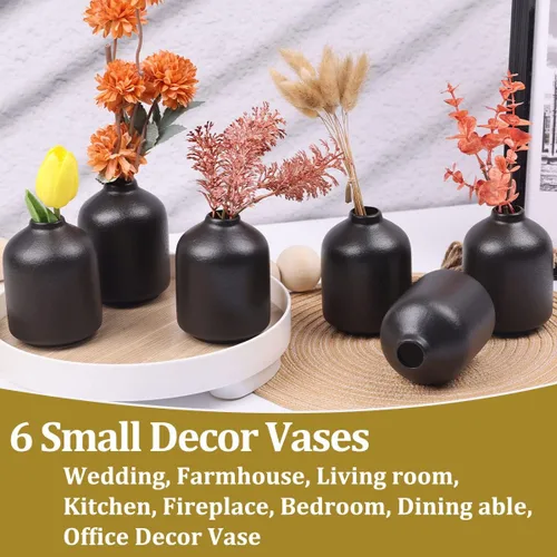 Vista 6 de Paquete de 6 jarrones bohemios, modernos jarrones de cerámica negra para decoración del hogar, centros de mesa de flores secas a granel, mini